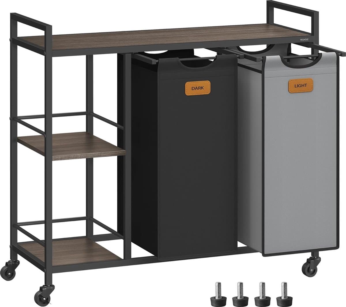 FurnStar - Wasmand 2 vakken - wasverzamelaar 100 l - wassorteerder - rollen - waswagen met planken - waszak - met afneembare vakken - 6 etiketten - kastanjebruin-inktzwart-87 x 33 x 80,5 cm - duifgrijs — afbeelding 1