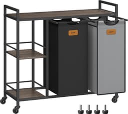 FurnStar - Wasmand 2 vakken - wasverzamelaar 100 l - wassorteerder - rollen - waswagen met planken - waszak - met afneembare vakken - 6 etiketten - kastanjebruin-inktzwart-87 x 33 x 80,5 cm - duifgrijs — thumbnail 1