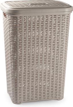 Plasticforte Wasmand met deksel - 2x stuks - 60 liter - taupe - rotan - kunststof - L35 x B43 x H62 cm — thumbnail 2