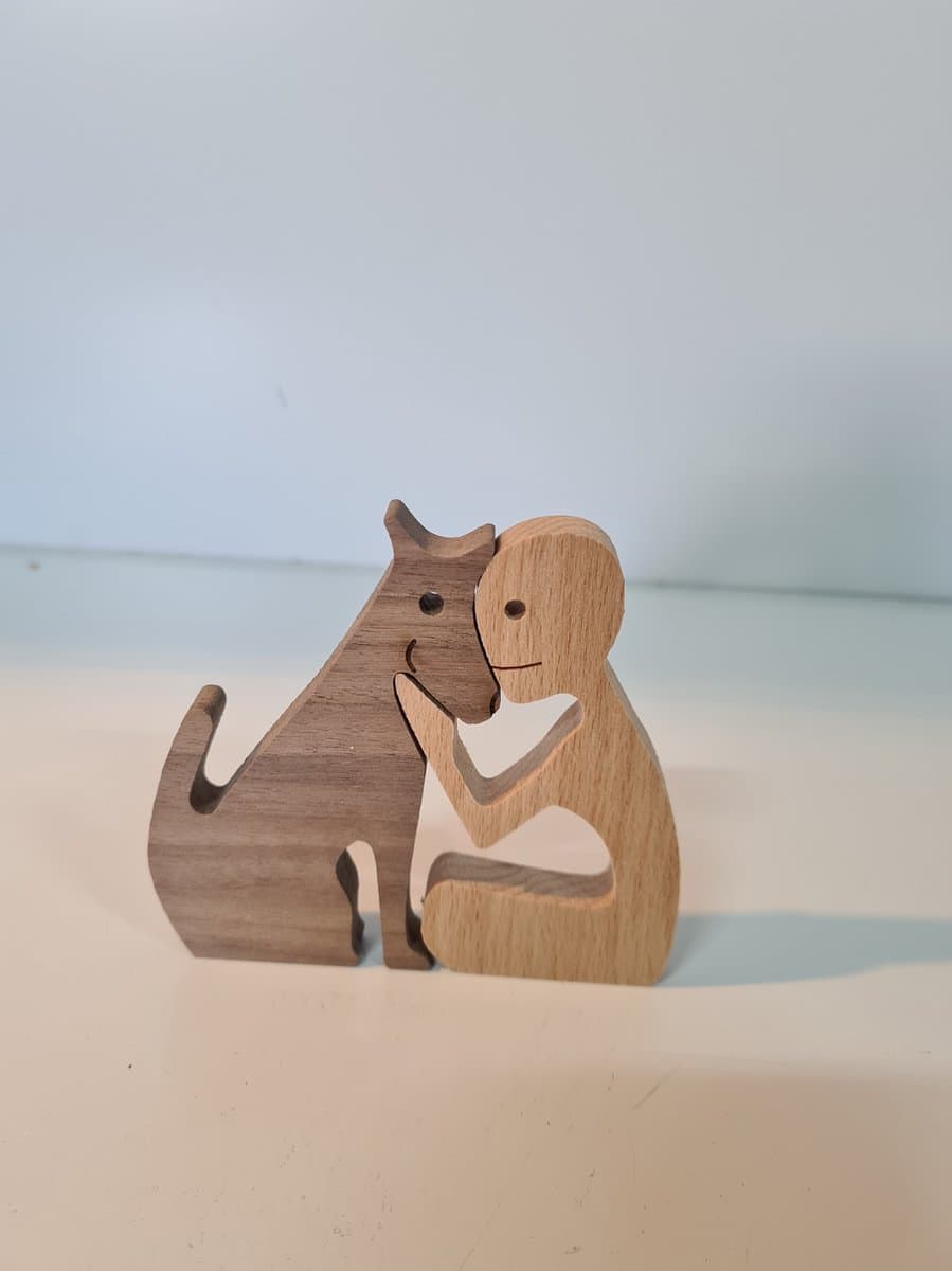 Houten beeldje - Natuurlijk hout - Beeld - Decoratief - Hout - Man - Hond - B08 — afbeelding 1