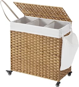 Hoppa! Wasmand | 140 L | Rotanlook met 3 vakken | Uitneembare voering | Handgrepen en deksel | 66 x 33 x 66 cm (L x D x H) — thumbnail 1