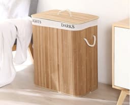 Bamboe Wasmand XL – 100L – Opvouwbaar met 2 Vakken & Deksel – Uitneembare Waszak – 60x40x30 cm — thumbnail 2
