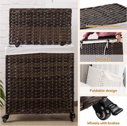 Wasmand van Rotan met Deksel - Grote Capaciteit van 100L, Verwijderbare Voeringzakken, Opvouwbaar, Met Wielen, Stevig Stalen Frame, Waterdicht & Ademend, Ideaal voor Badkamer, Slaapkamer of Wasruimte 60cm x 33cm x 58cm — thumbnail 5
