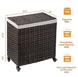 Wasmand van Rotan met Deksel - Grote Capaciteit van 100L, Verwijderbare Voeringzakken, Opvouwbaar, Met Wielen, Stevig Stalen Frame, Waterdicht & Ademend, Ideaal voor Badkamer, Slaapkamer of Wasruimte 60cm x 33cm x 58cm — thumbnail 2