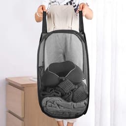 Opvouwbare wasmand - 60 x 36 cm - Wasmand - Mesh - Ademend - Duurzaam - Wassorteerder - Wasbox - Kledingorganizer - Mesh pop-up wasmand met draagbare, duurzame handgreep - voor opslag - Wasmand - Wasmand voor vuile was - Opbergmand - Zwart - Draa — thumbnail 4