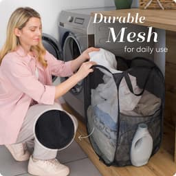 Wasmand - Opvouwbare waszak van mesh - Opvouwbare wasmand - Met handvat en zijvakken - Opvouwbare speelgoedorganizer, Perfect voor kinderkamers, studentenhuizen, reizen - Zwart — thumbnail 4