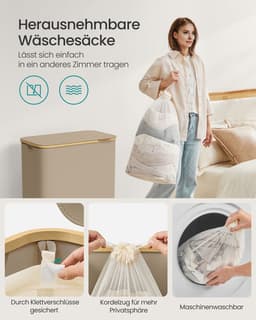 Delightness Wasmand - Wasmand 3 Vakken - Wasmand Met Deksel - Wasmanden - Uitneembare Waszak - 150 L - Bamboo - Camel Bruin — thumbnail 4