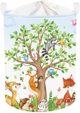 Ronde Opbergmand - Met bosdieren print (hertje, eekhoorn, vos) - Voor speelgoed en kleding in de kinderkamer - Groen, 36x45 cm — thumbnail 1