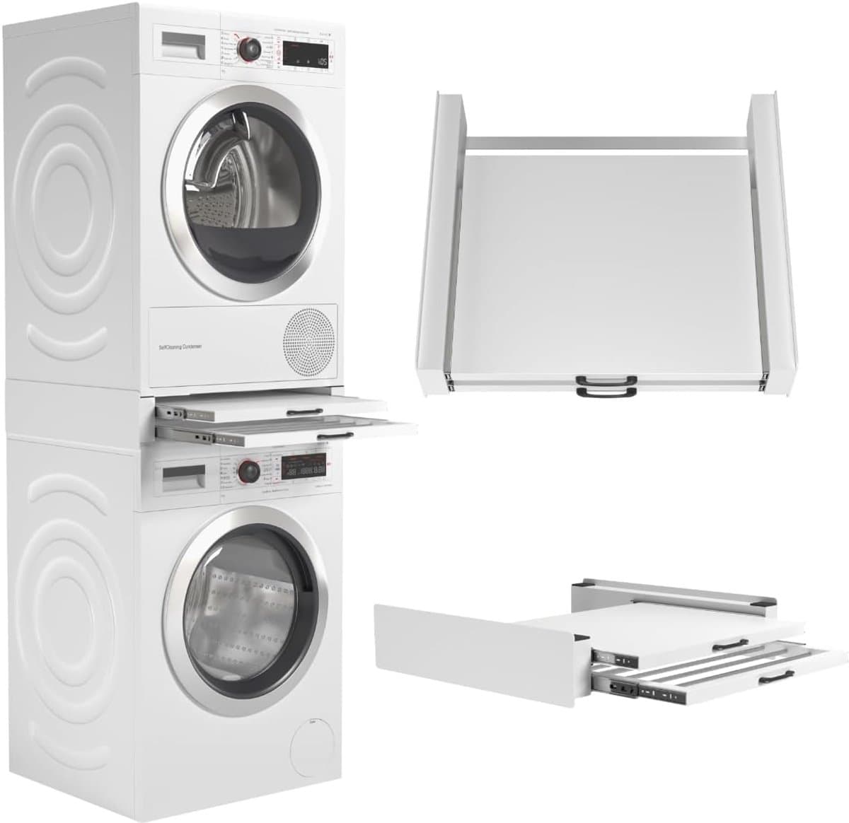 Tussenstuk Wasmachine Droger - Stapelkit Plateau - Ruimte Besparen - Met Uittrekbaar Rek - 55 cm Diep - Wit — afbeelding 1