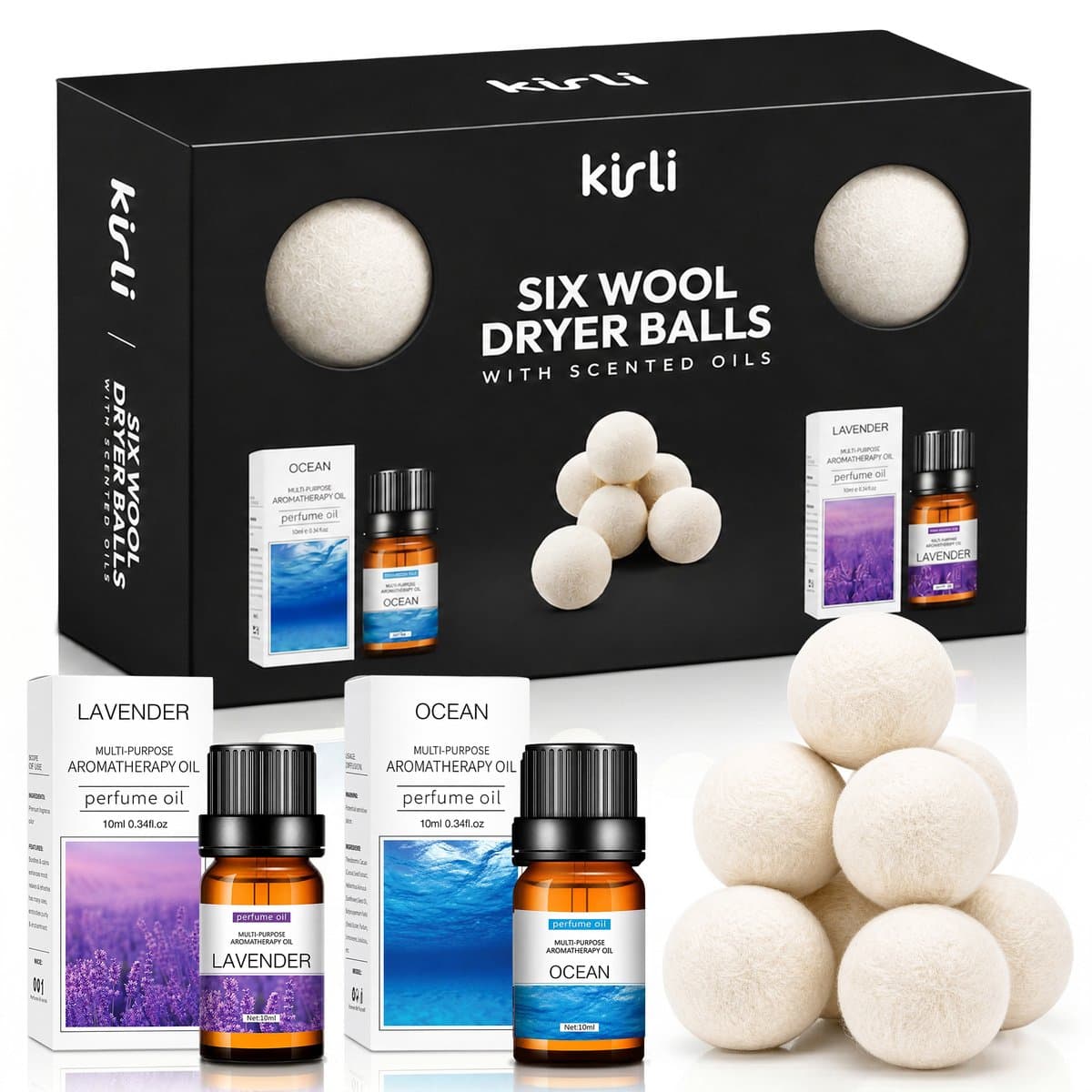 Kirli Drogerballen Wol - 6 Stuks incl. Geurolie Lavendel & Oceaan - Herbruikbare Wasdroger Ballen - Verkort Droogtijd - 100% Schapenwol - Wasverzachter Alternatief — afbeelding 1