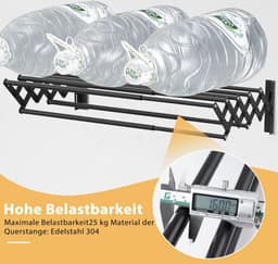 Uitschuifbaar Wand Droogrek RVS Zwart | Wanddroogrek met 7 Stangen | Telescopisch 12–36 cm | Ruimtebesparend Wasrek | Draagkracht 25 kg | Ideaal voor Badkamer, Balkon & Wasruimte — thumbnail 5