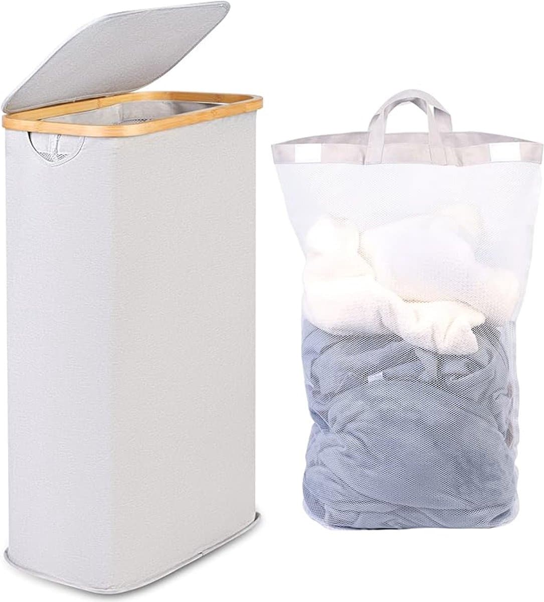 Smalle Wasmand 63L, Smalle Wasmand met Deksel, Lichtgrijze Linnenmand Opvouwbaar met Bamboe Handgrepen en Verwijderbare Zak voor Slaapkamer, Badkamer, Wasruimte — afbeelding 1