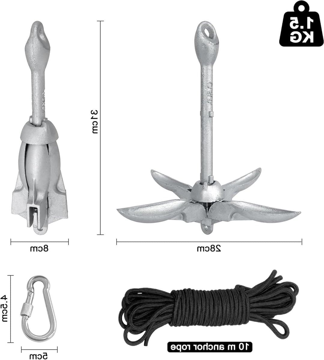 Vouwanker met Ankertouw - Klapanker Vierhaakanker - Watersport Stabiliteit - Verzinkt Gietijzer - 1.5 kg - Grijs — afbeelding 1