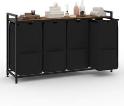 Wasmand 4 vakken, 194L wassorteerder, verrijdbare waswagen – voor wasruimte, slaapkamer, badkamer – zwart — thumbnail 3