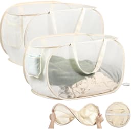 Set van 2 - Opvouwbare wasmand - Wasmand voor kleding - Wasmand voor vuile was - Gaasontwerp - Afmetingen: 34 x 34 x 60 cm - Met handvat - Geschikt voor badkamer, slaapkamer, studentenkamer, op reis en thuis - Beige — thumbnail 1