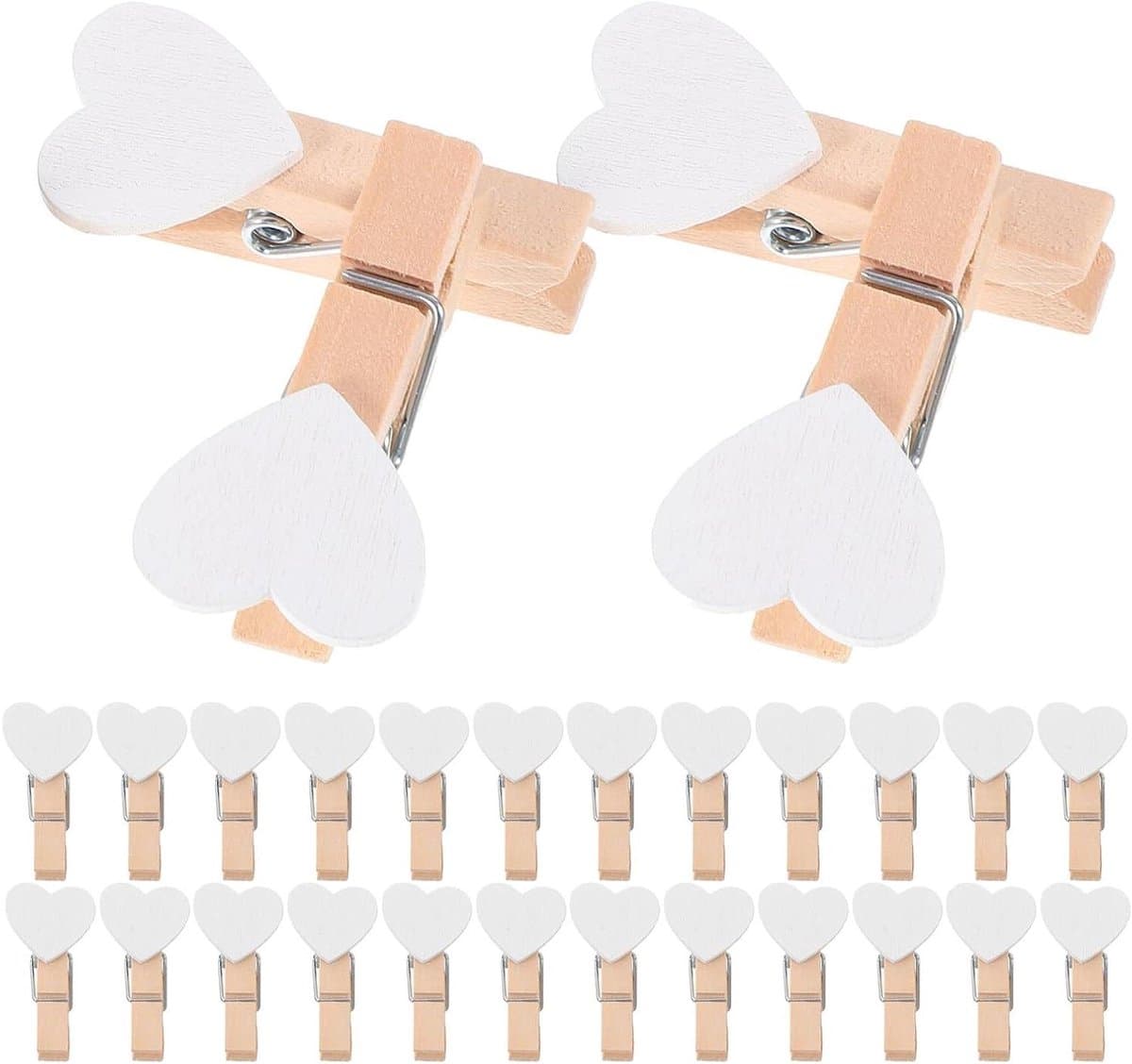 Mini Houten Wasknijpers - Kleine Clips - Foto Decoratie - Hartvorm Dopjes - 150 Stuks - Wit — afbeelding 1