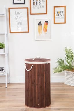 Grote Ronde Bamboe Wasmand 1 vak met Deksel & stoffen Waszak - Bamboe wasbox wassorteerder Rond - Inhoud wasmand 80 liter - Wasmand voor wasgoed - Wasmanden Opvouwbaar - Wasmand met deksel - Kleur Wasmand: Bruin - Decopatent — thumbnail 3