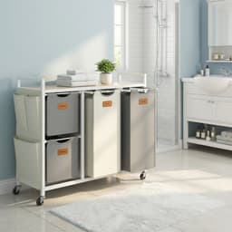VASAGLE - Wasmand - Wassorteerder - 4 Vakken en Planken - 150L Mobiele - Uitneembare Tassen — thumbnail 4