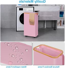 Vouwbare Wasmand met Wielen en Deksel, 75L, Roze Slimme Wasmand met Bamboe Handvatten en Afneembare Zak voor Slaapkamer, Badkamer en Wasruimte — thumbnail 4