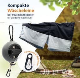 Waslijn uittrekbaar, met praktische zwengel, extra lang snoer van 10 m, perfect voor kamperen en reizen (zwart/grijs) — thumbnail 2