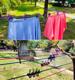 1 Pack Draagbare Waslijn met 12 Wasknijpers, Reizen Waslijn Rekbare Intrekbare Elastische Waskleding Lijn voor Achtertuin, Vakantie Hotel, Balkon Kleding Drooglijn (Paars) — thumbnail 3