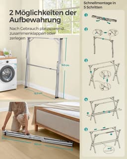 LUMÈ STORE Droogrek Inklapbaar – Uitschuifbaar Wasrek 133-200 cm – Staand Kledingrek – RVS Metaal – 50 kg Draagvermogen - Zilver — thumbnail 3