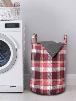 ABAKUHAUS geruite waszak, retro geruite vierkanten, wasmand met handvaten, trekkoordsluiting voor wasserettes, roze bordeauxrood wit — thumbnail 3