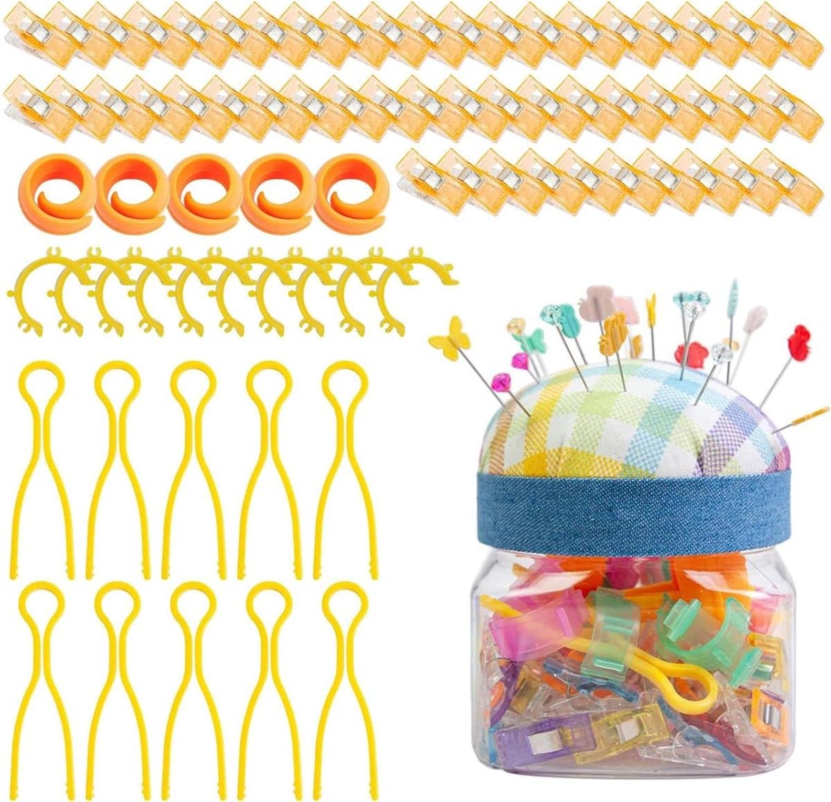 Naaiclips en pot - Stoffen houders - Hobby naaien - Stofvriendelijke grip - 76 stuks - Geruite stijl — afbeelding 1