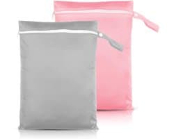 Waterdichte Waszak 40x30cm met Handvat, Herbruikbare Ritszak voor Zwemkleding, Strandhanddoeken en Luiers (Grijs & Roze)