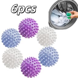 6 stuks Droogballen voor de was - Herbruikbaar - Kreukvrije wasballen - Pluisverwijderende ballen - 6 x 6 cm - Geschikt voor wasmachines en drogers, kan wasverzachter vervangen, voorkomt kreukels en verwijdert dierenharen - Blauw, paars, wit — thumbnail 1