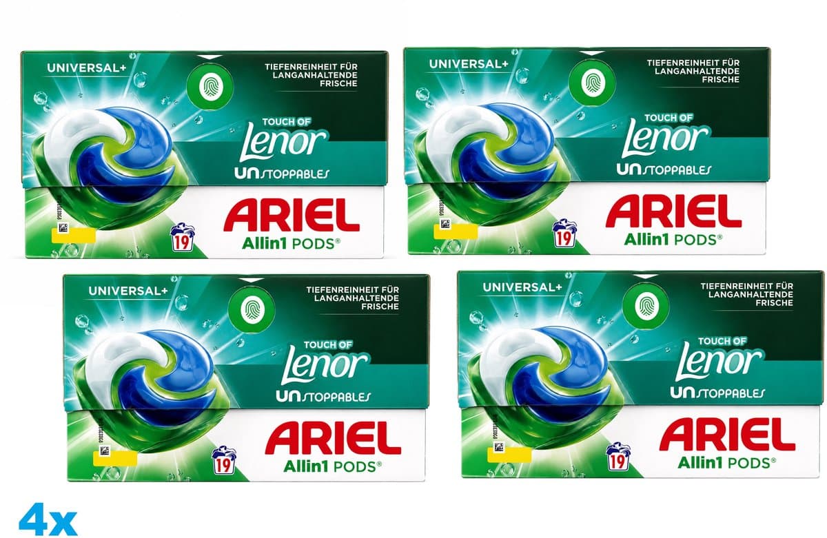 Ariel All-in-1 Pods Universal+ Touch of Lenor Unstoppables – 4 x 19 Wasbeurten - 4 Stuks — afbeelding 1