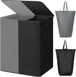 REN® Wasmand 2 Vakken - Wasmand - Wassorteerder - Dubbele Wasmand - Grijs/Zwart - 63cm x 36cm x 68cm — thumbnail 1