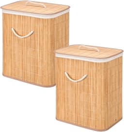 Kipit Wasmand van bamboe - 2x - wit / bruin - 60 liter - 40 x 30 x 50 cm - met deksel - met binnendoek — thumbnail 1