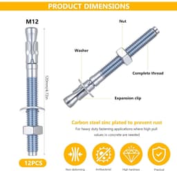 Ankerbouten Set - Bevestigingsanker Schroeven - Beton Verankeren - Hoge Verankeringskracht - M12 x 120mm - Verzinkt — thumbnail 5