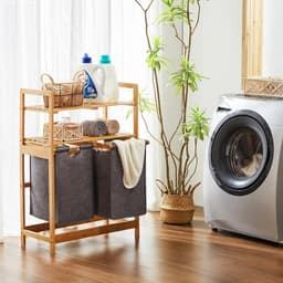 Bamboe Wasmand met Uittrekbare Zakken en Planken - Grijs - Voor Slaapkamer, Badkamer en Waskeuken — thumbnail 5