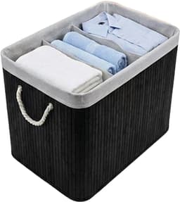 Wasmand, 150L, wasbox met deksel, wassorteermachine, van bamboe, met handvatten, 3 compartimenten, opvouwbaar, katoen, waszak machinewasbaar, wasruimte, Zwart — thumbnail 3