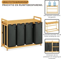 Aurixi® Wassorteerder 4 vakken - Wasmand 4 vakken 200 Liter - Wasmand Met Opbergplank –Grijs - 103cm x 42cm x 77cm — thumbnail 5