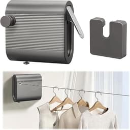 Grijze uitschuifbare waslijn, 4,2 meter roestvrijstalen touw, voorkomt doorhangen, verstelbaar voor binnen- en buitengebruik, te bevestigen met een muurboor en lijm, uitschuifbaar. — thumbnail 1