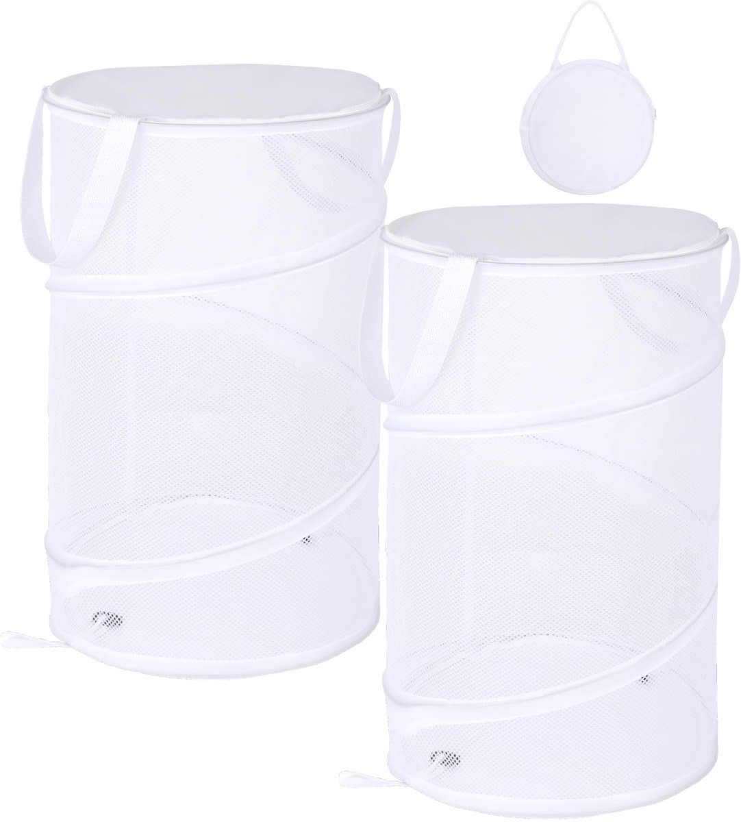 Opvouwbare wasmanden met deksel, pop-up wasmanden van gaas, draagbare witte wasmanden van gaas, wasmanden met handvatten voor kamperen, reizen, kleding, kinderkamer organizer, 2 stuks, 32x32x50cm — afbeelding 1