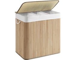 Wasmand, 150L, wasbox met deksel, wassorteermachine, van bamboe, met handvatten, 3 compartimenten, opvouwbaar, katoen, waszak machinewasbaar, wasruimte, Natuurlijke kleur bamboe, LCB091N01