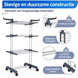 Noventra inklapbaar wasrek-wasrek staand-wasrek-op wielen-max 40 kg draagvermogen- 72/125 x 65 x 176 cm-ijzer-zilvergrijs- — thumbnail 3