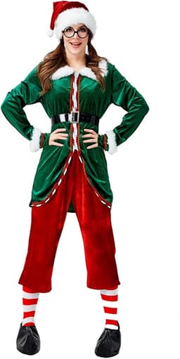 Elf Kostuum dames Kerstman kostuum Fluwelen elfenoutfit voor volwassenen voor Xmas Cosplay Pak Groen Rood Party Kostuum,Groen,XL — thumbnail 1