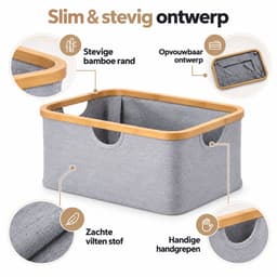 Wasmand 45 Liter – Opvouwbare Wasmand met Bamboe Rand – Wasmand Groot met Handgrepen – Stoffen Opbergmand voor Wasgoed, Speelgoed & Handdoeken – Grijs - Heupwasmand — thumbnail 4