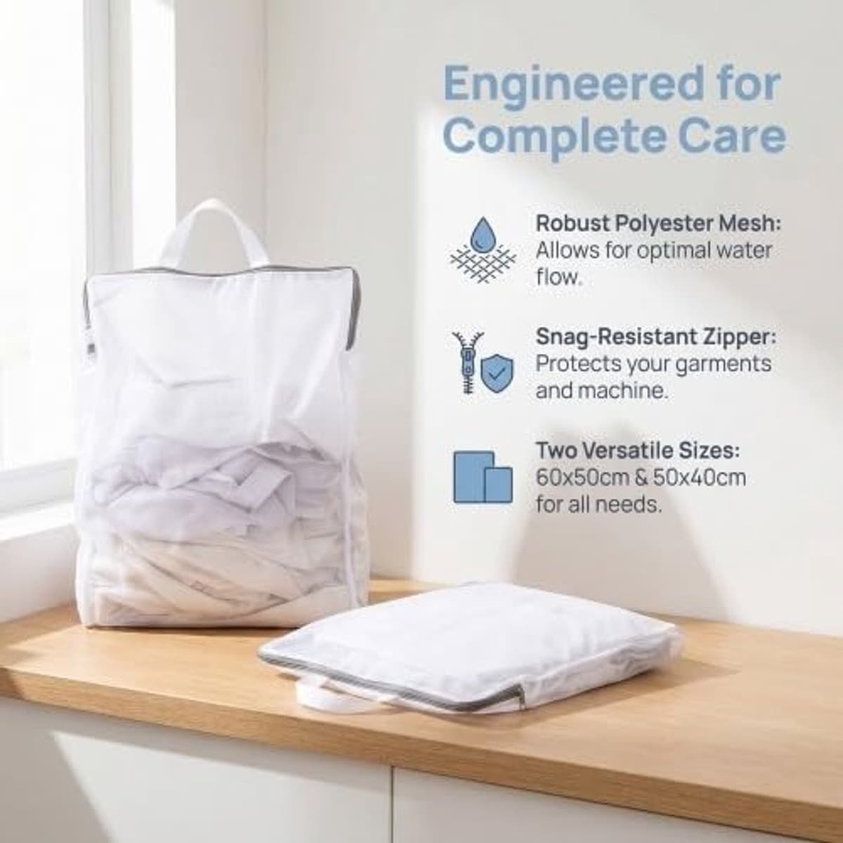 Set van 2 Herbruikbare Waszakken Net 60 x 50 cm en 50 x 40 cm - Sterke Waszakken voor Kleding, Ondergoed en Breigoed met Rits — afbeelding 1