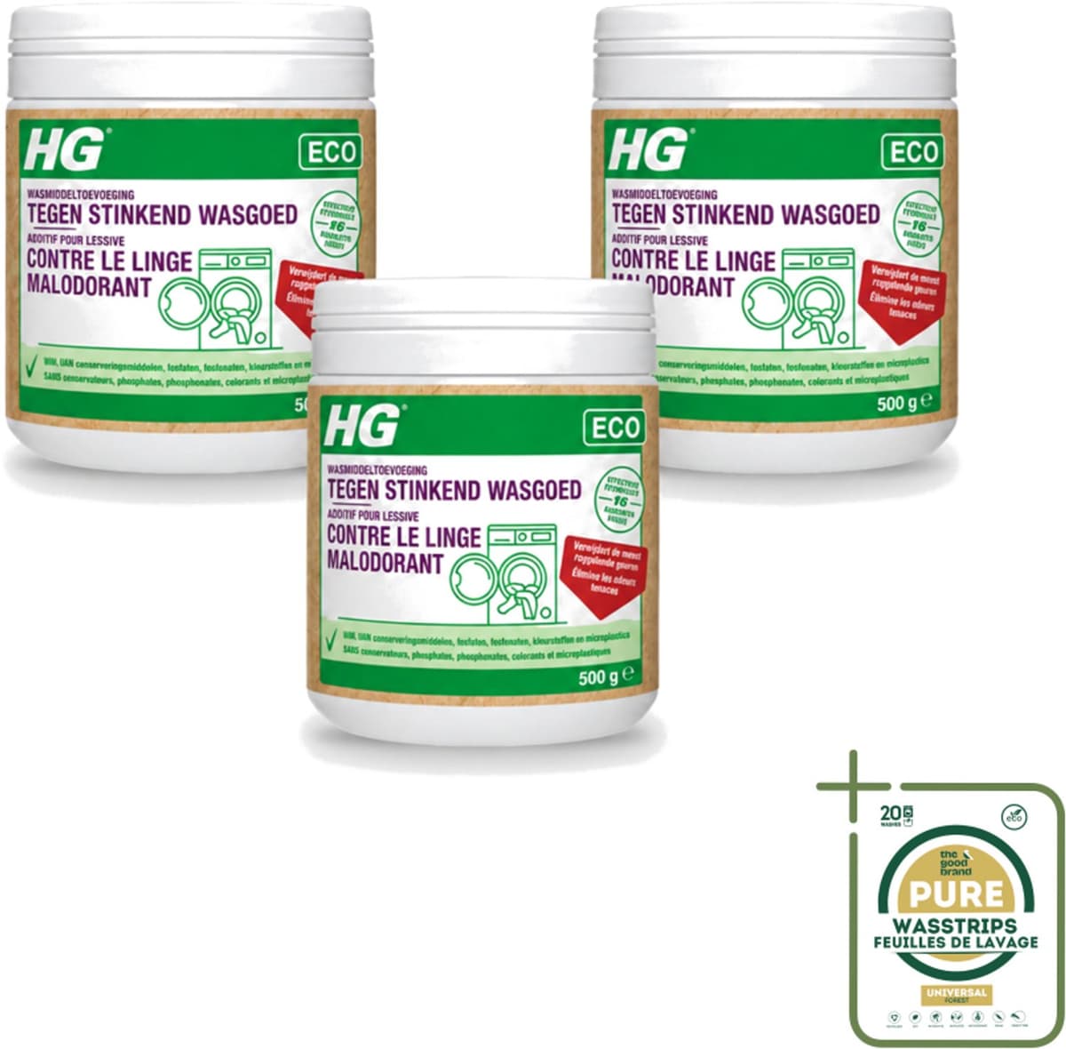 3 x HG ECO - Wasmiddeltoevoeging Tegen Stinkend Wasgoed - Effectieve Formule - 16 Wasbeurten - 500 g - Wasmiddel - Stankmoleculen - Wasgoed - Wasmiddeltoevoeging - Stinkend Wasgoed — afbeelding 1