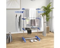 Droogtoren – 3 Niveaus, 142 x 55 x 152 cm – Opvouwbaar met Wielen – Staal – Blauw – Binnengebruik