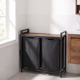Wasmand Wasgoedmand 71,3 x 33 x 72 cm Zwart 2 vakken van 46 L Met uittrekbare en afneembare binnenzakken, zijvak en roosterplank Stevig metalen frame Gemakkelijk te monteren en reinigen Geschikt voor wasruimte, badkamer en slaapkamer — thumbnail 3
