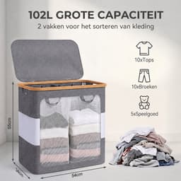 Arvioo-Wasmand-102L-2 vakken-met deksel-bamboe rand-grijs — thumbnail 2