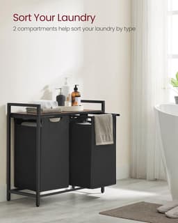 VASAGLE - Wasmand - Wasmand met 2 uittrekbare en verwijderbare zakken - Wamandmeubel - Plank - Metalen Frame - 2 x 46 liter - 92 liter totaal - 72x73x33 cm (HxBxD) Inktzwart en Rustiek Bruin UBLH201B01 — thumbnail 2
