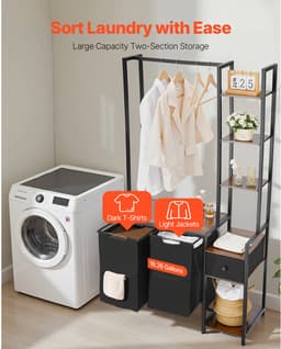 3-laags wasorganizer met rek, hoge wasmand met planken en vakken, vrijstaande opbergunit met 2 compartimenten, duurzame stoffen zakken en ladderplanken voor het sorteren van kleding — thumbnail 3